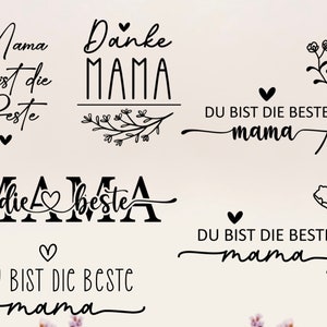 May include: Five different designs for Mother's Day cards. The designs feature the words "Mama", "Danke Mama", "Du bist die beste Mama", and a floral design.