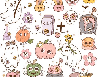 Svg de Halloween retro con estilo, Svg de otoño retro, png retro de moda, fantasmas de flores hippies, calabazas literarias, png de Halloween