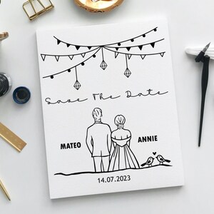 May include: A black and white save the date card with a simple illustration of a couple, a string of lights, and the text "Save the Date" with the names Mateo and Annie and the date 14.07.2023.