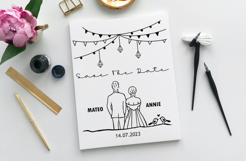 May include: A black and white save the date card with a simple illustration of a couple, a string of lights, and the text "Save the Date" with the names Mateo and Annie and the date 14.07.2023.