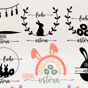 Pu&ograve; includere: Un set di otto file di taglio SVG a tema pasquale in bianco e nero. I design includono coniglietti, uova, ghirlande e il testo "Frohe Ostern", che significa "Buona Pasqua" in tedesco.