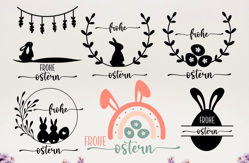 Pu&ograve; includere: Un set di otto file di taglio SVG a tema pasquale in bianco e nero. I design includono coniglietti, uova, ghirlande e il testo "Frohe Ostern", che significa "Buona Pasqua" in tedesco.