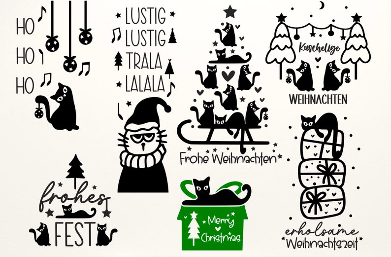 May include: Black and white illustrations of cats celebrating Christmas. The illustrations include cats on a sled, cats decorating a Christmas tree, cats with presents, and cats singing Christmas carols. The text in the image includes "Lustig", "Trala", "Lalala", "Frohe Weihnachten", "Kuschelige Weihnachten", "erholsame Weihnachtszeit", "Merry Christmas", and "frohes FEST".