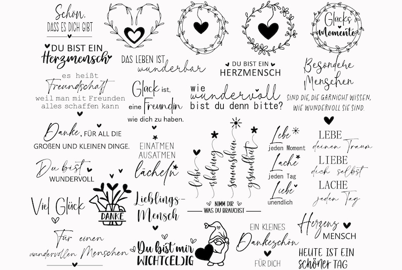 May include: Black and white printable quote cards with inspirational messages such as "You are a heart person", "Friendship is", "Happiness is a friend", "You are wonderful", "Take a breath, breathe out, smile", "Favorite person", "You are important to me", "A small thank you for you", "Heart person", "Today is a beautiful day", "Love every moment", "Love your dream", "Love yourself", "Laugh every day", "Love endlessly".