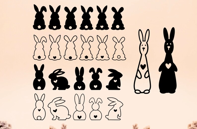 May include: A set of 18 black and white bunny silhouettes with hearts. The bunnies are in various sizes and poses, some standing, some sitting, and some hopping.