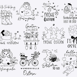 May include: A collection of black and white Easter-themed illustrations. The images include bunnies, dogs, flowers, and bicycles, with text in German such as "Frohe Ostern" and "Hallo Frühling". The illustrations are whimsical and decorative.
