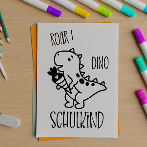 May include: A black and white illustration of a dinosaur holding a carrot. The text "Roar! Dino Schulkind" is written below the dinosaur.