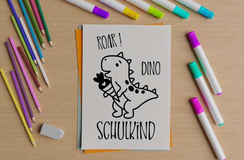 May include: A black and white illustration of a dinosaur holding a carrot. The text "Roar! Dino Schulkind" is written below the dinosaur.