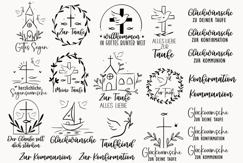 May include: A collection of black and white line art designs with religious themes. The images include crosses, doves, churches, and text in German, such as "Zur Taufe" and "Konfirmation". The designs are suitable for baptism and confirmation.
