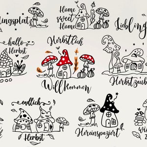 May include: A set of 10 black and white illustrations featuring mushroom houses with various autumnal phrases, including "Home Sweet Home", "Lieblingsplatz", "Herbstzauber", and "Willkommen Zuhause".