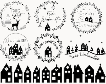Frohe Weihnachten Plotterdatei SVG, Plotterdatei Haus Weihnachten SVG, Kranz Weihnachten Szene Cricut Brother Canvas Silhouette