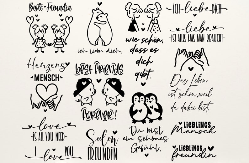 Puede incluir: Ilustraciones en blanco y negro de varias citas y refranes sobre la amistad. Las citas incluyen "Best Friends Forever", "Love is all you need", "Lieblings Mensch" y "Ich liebe dich".