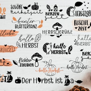 May include: A collection of black and white illustrations with autumnal themes. The illustrations include pumpkins, leaves, hedgehogs, mushrooms, and lanterns. The text in the illustrations includes phrases like "Kürbiszeit", "Herbstliebe", "Herbstglück", "Hallo Herbst", and "Kerzenzeit".