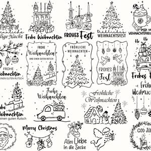 Puede incluir: Una colección de ilustraciones navideñas en blanco y negro. Los diseños incluyen árboles de Navidad, adornos y texto festivo en alemán, como "Frohe Weihnachten" y "Frohes Fest".