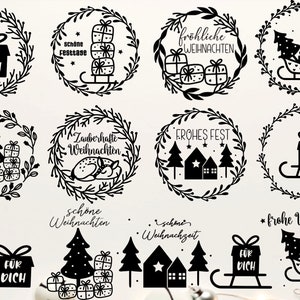 May include: Black and white Christmas-themed designs. Each design is a circular wreath with various elements, including gift boxes, Christmas trees, sleighs, and text like "FÜR DICH" and "FROHES FEST".