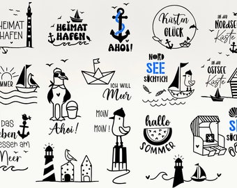 Duitse nautische bundel, Moin Plotterdatei, Maritim SVG, nautische clipart, Leuchtturm SVG, Möwen SVG, Heimat Hafen SVG, Ahoi SVG, meer SVG