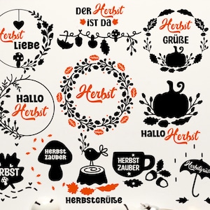May include: A collection of black and orange autumn-themed illustrations with text in German. The illustrations include wreaths, pumpkins, leaves, mushrooms, a bird, a mug, and an umbrella. The text includes "Herbst Liebe", "Der Herbst ist da", "Herbst Grüße", "Hallo Herbst", "Herbstzauber", and "Herbstgrüße".