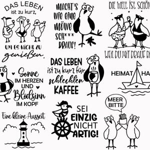 Pode incluir: Uma coleção de ilustrações de desenhos animados em preto e branco com gaivotas e várias frases. As imagens incluem gaivotas com bebidas, um veleiro e textos como "O mundo é lindo" e "Seja único, não legal!"