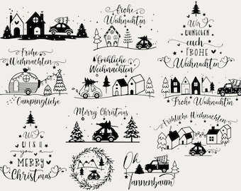 May include: Black and white illustrations of Christmas scenes with cars, houses, and trees. The illustrations include text in German and English, such as "Frohe Weihnachten" and "Merry Christmas".