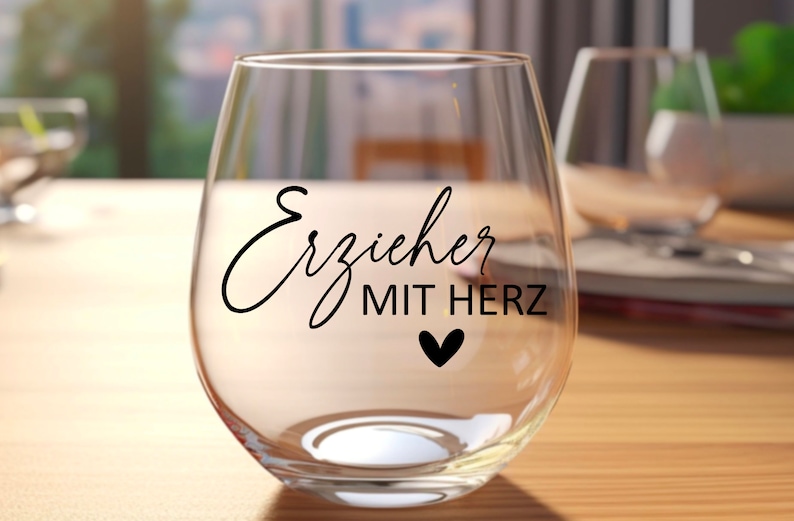 K&ouml;nnte beinhalten: Ein klares Weinglas aus Glas mit dem Text "Erzieher mit Herz" und einem kleinen schwarzen Herz auf der Seite.