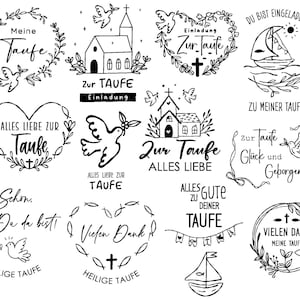 Op de afbeelding: Een verzameling zwart-wit illustraties met als thema doop. Ontwerpen omvatten duiven, kerken, zeilboten en bloemenkransen, met zinnen als "Meine Taufe" en "Zur Taufe" in elegant schrift.