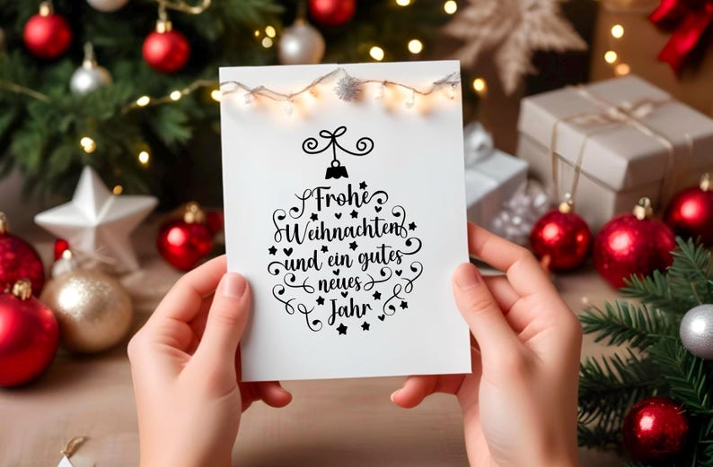 May include: A white card with black calligraphy that reads "Frohe Weihnachten und ein gutes neues Jahr"  The card is being held by a person's hands in front of a Christmas tree with red ornaments and lights.