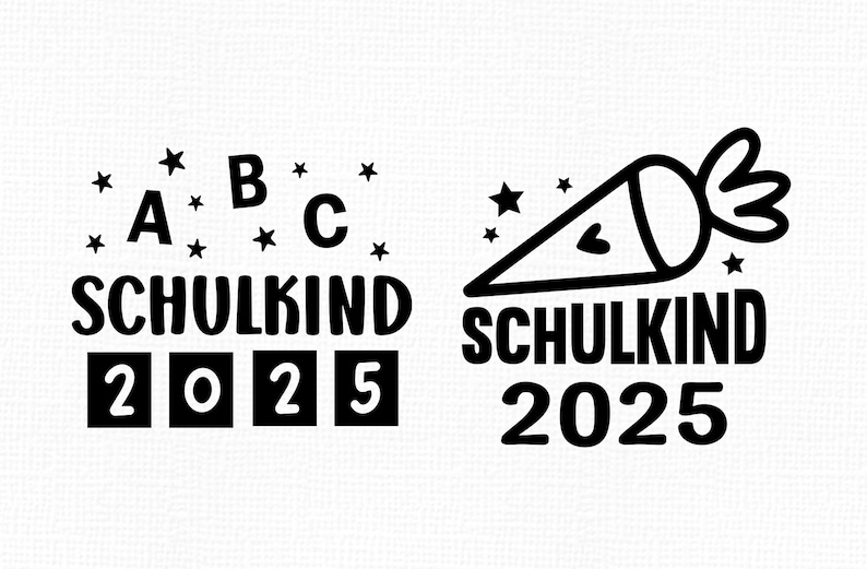 May include: Two black and white designs on a white background. One design features the letters A, B, and C with stars, the word "SCHULKIND", and the numbers "2025". The other design shows a carrot with the word "SCHULKIND" and the numbers "2025".