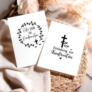 May include: Two white cards with black ink. The first card has a wreath with the text "Gottes Segen zur Konfirmation" and a cross. The second card has a cross with two fish and the text "Einladung zur Konfirmation".