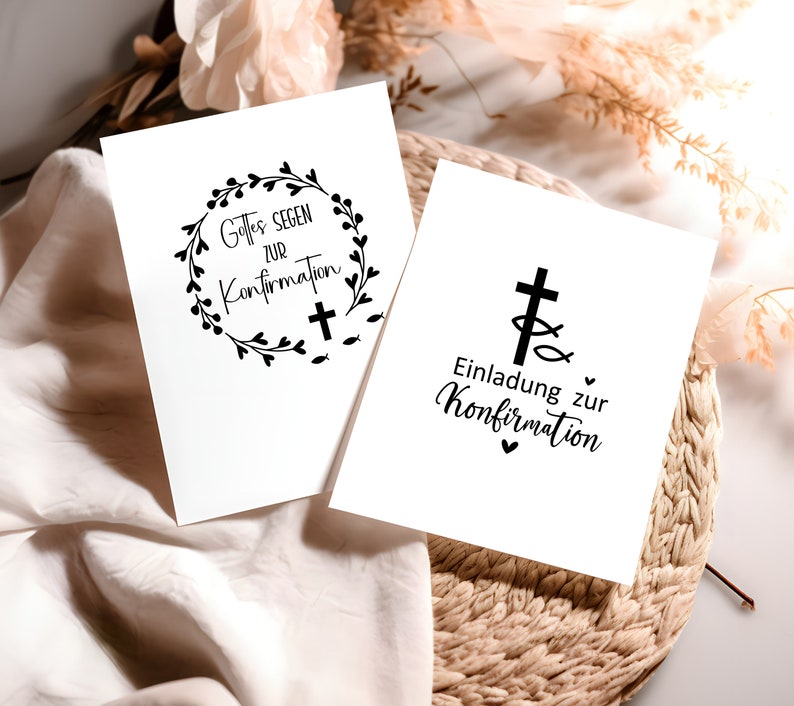 May include: Two white cards with black ink. The first card has a wreath with the text "Gottes Segen zur Konfirmation" and a cross. The second card has a cross with two fish and the text "Einladung zur Konfirmation".