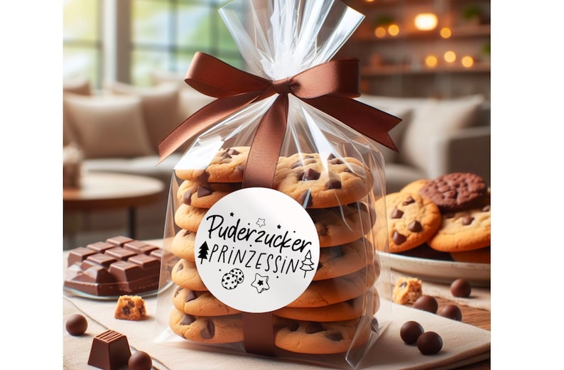 May include: A clear plastic bag filled with chocolate chip cookies tied with a brown ribbon. A white sticker with black text reads "Puderzucker Prinzessin" with a small tree and star design.