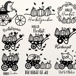 May include: Black and white fall-themed illustrations featuring pumpkins, hedgehogs, birds, and foxes. Text includes "Hallo Herbst", "Herbstzauber", "Kürbiszeit", and other German phrases. Designs are suitable for autumn decor.