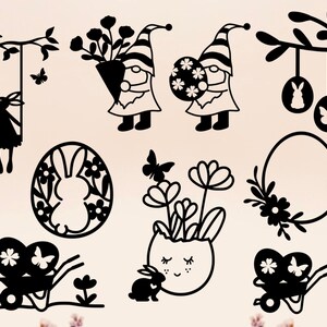 May include: Black and white silhouette cutouts of gnomes, bunnies, eggs, flowers, and a swing. The gnomes are holding eggs and flowers. The bunnies are in eggs and a flower pot. The eggs are decorated with flowers and butterflies. The swing is hanging from a branch with a bunny on it.