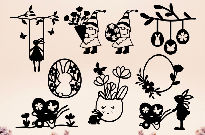 May include: Black and white silhouette cutouts of gnomes, bunnies, eggs, flowers, and a swing. The gnomes are holding eggs and flowers. The bunnies are in eggs and a flower pot. The eggs are decorated with flowers and butterflies. The swing is hanging from a branch with a bunny on it.