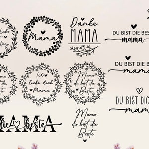 Puede incluir: Un conjunto de 10 diseños imprimibles en blanco y negro con diferentes coronas de flores y texto en alemán. El texto incluye "Mama", "Danke Mama", "Du bist die beste Mama", "Ich liebe dich Mama" y "Mama du bist die Beste".