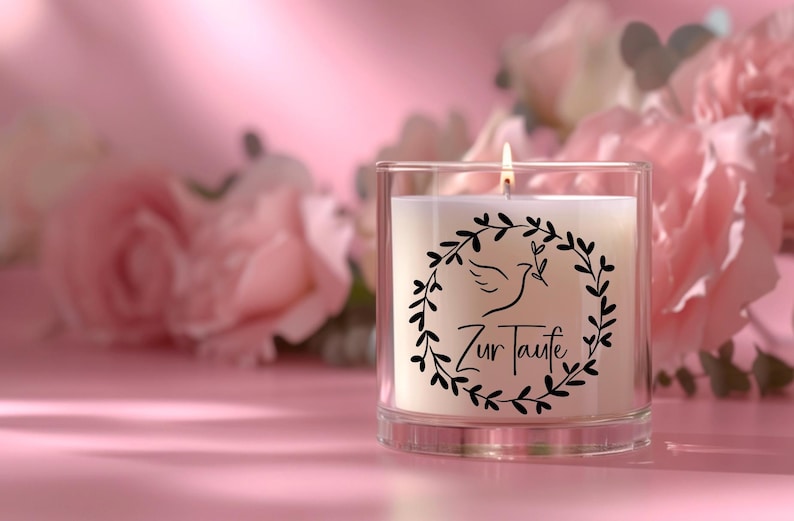 May include: A lit candle in a clear glass container with a white wax interior. The candle has a black wreath design with a dove and the text "Zur Taufe". Pink flowers are in the background.