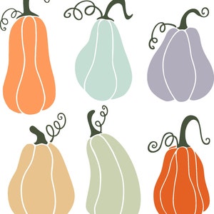 Op de afbeelding: Zes handgetekend illustraties van pompoenen in verschillende kleuren, waaronder oranje, perzik, lichtblauw, groen en paars. De pompoenen zijn allemaal van verschillende vormen en maten en hebben een eigenzinnige, cartoonachtige stijl.