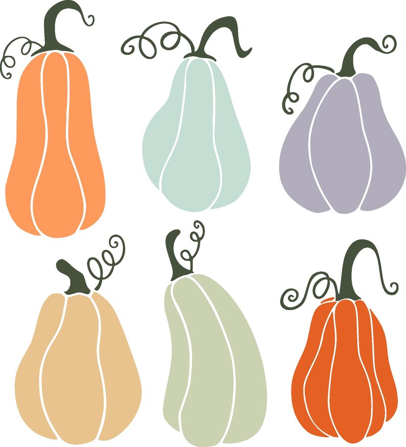 Op de afbeelding: Zes handgetekend illustraties van pompoenen in verschillende kleuren, waaronder oranje, perzik, lichtblauw, groen en paars. De pompoenen zijn allemaal van verschillende vormen en maten en hebben een eigenzinnige, cartoonachtige stijl.