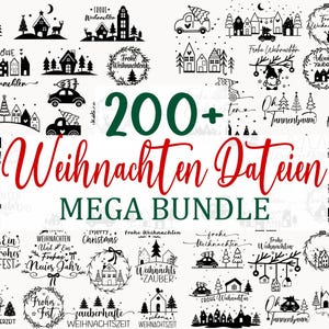 Könnte beinhalten: Eine Sammlung von über 200 digitalen Designs zum Thema Weihnachten in Schwarz und Weiß. Die Designs umfassen Häuser, Bäume, Autos mit Weihnachtsbäumen, Kränze und Text auf Deutsch. Die Worte "Weihnachten Dateien MEGA BUNDLE" sind ebenfalls sichtbar.