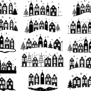 Plotterdatei Winter Stadt SVG , Winterdorf SVG, Fenster dekoration Winter, Weihnachtsszene SVG, Nordische Häuser, Winterwunderland Svg