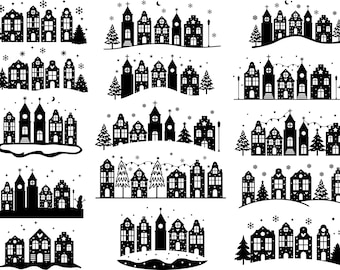Plotterdatei Winter Stadt SVG , Winterdorf SVG, Fenster dekoration Winter, Weihnachtsszene SVG, Nordische Häuser, Winterwunderland Svg