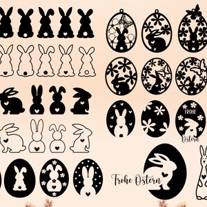 以下が含まれることがあります： 黒と白のイースターバニーと卵のSVGカットファイル25個セット。デザインには、さまざまなポーズのバニー、花柄の卵、そして「Frohe Ostern」（ドイツ語でハッピーイースター）と書かれた看板を持ったバニーが含まれています。