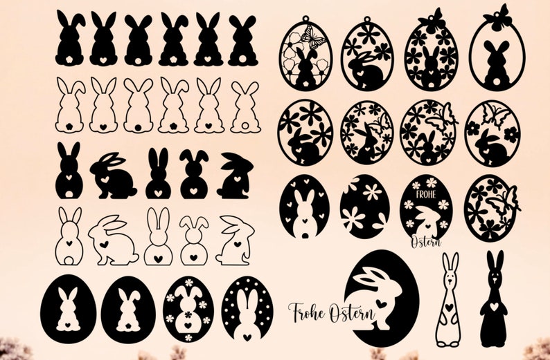 以下が含まれることがあります： 黒と白のイースターバニーと卵のSVGカットファイル25個セット。デザインには、さまざまなポーズのバニー、花柄の卵、そして「Frohe Ostern」（ドイツ語でハッピーイースター）と書かれた看板を持ったバニーが含まれています。