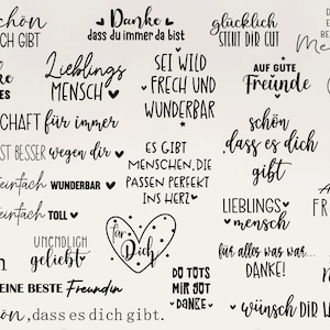 May include: A collection of black and white printable stickers with positive messages in German. The stickers feature phrases like "So Schon", "Danke", "Lieblings Mensch", "Freundschaft für immer", "Du bist einfach toll", and "Schön, dass es dich gibt".