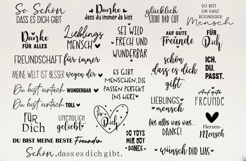 Puede incluir: Una colecci&oacute;n de pegatinas imprimibles en blanco y negro con mensajes positivos en alem&aacute;n. Las pegatinas presentan frases como "So Schon", "Danke", "Lieblings Mensch", "Freundschaft f&uuml;r immer", "Du bist einfach toll" y "Sch&ouml;n, dass es dich gibt".