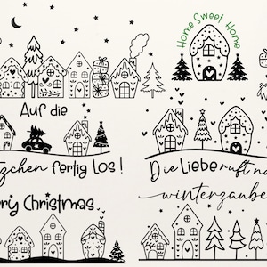 Może przedstawiać: Czarno-białe ilustracje domków z piernika, choinek i samochodów z tekstem "Home Sweet Home", "zauberhafte WEIHNACHTEN", "Auf die Plätzchen fertig Los!", "Die Liebe ruft nach Mir", "Merry Christmas" i "winterzauber".