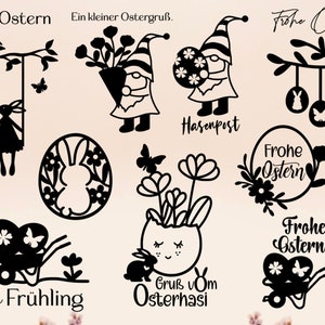 May include: Black and white illustrations of Easter-themed designs, including bunnies, gnomes, eggs, flowers, and the text "Frohe Ostern" (Happy Easter) in German.