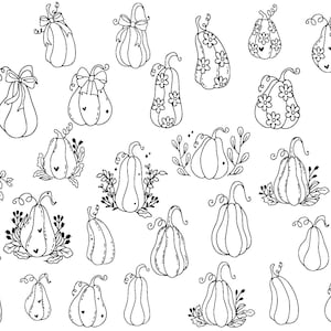 May include: A collection of 28 black and white hand-drawn pumpkin illustrations. The pumpkins are in various shapes and sizes, some with floral designs and others with bows.