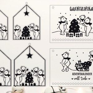 May include: Four black and white printable Christmas advent calendar templates featuring polar bears decorating a Christmas tree and a sled with presents. The text on the templates reads "Adventskalender" and "voll Liebe".