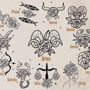 Znak zodiaku svg, kwiatowy znak zodiaku svg, kwiatowy znak zodiaku pakiet svg, zodiak clipart, bliźnięta svg, byk svg, ryby svg, baran svg