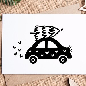 May include: Black and white illustration of a car with a Christmas tree on top. The car is covered in small white hearts.